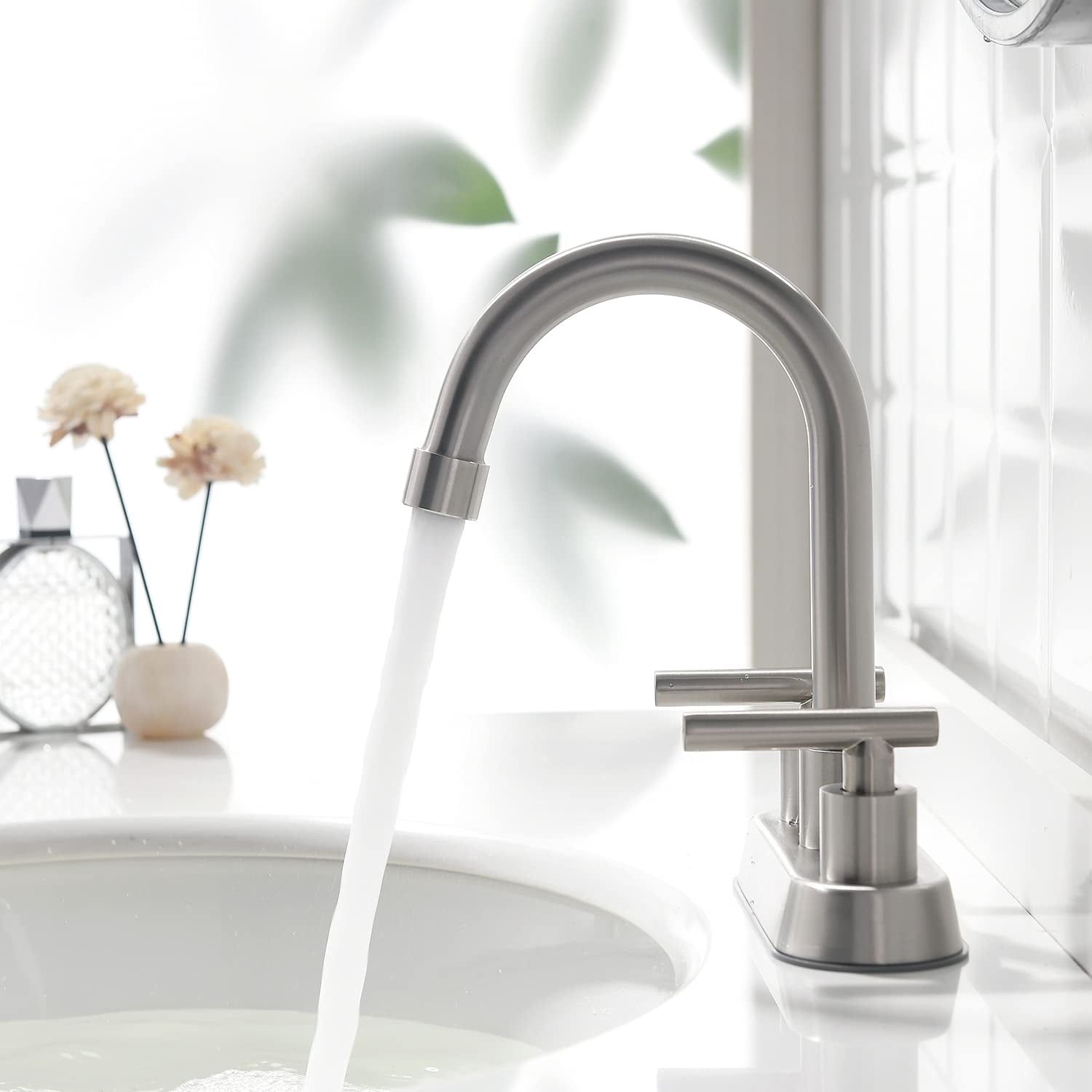 Mikhai Bathroom Faucets 3 Hole,  4 inch Bathroom Faucet 3 Hole Matte White with Pop-up Drain and 2 Supply Hoses, Stainless Steel Lead-Free 2-Handle Center set Faucet for Sink Vanity