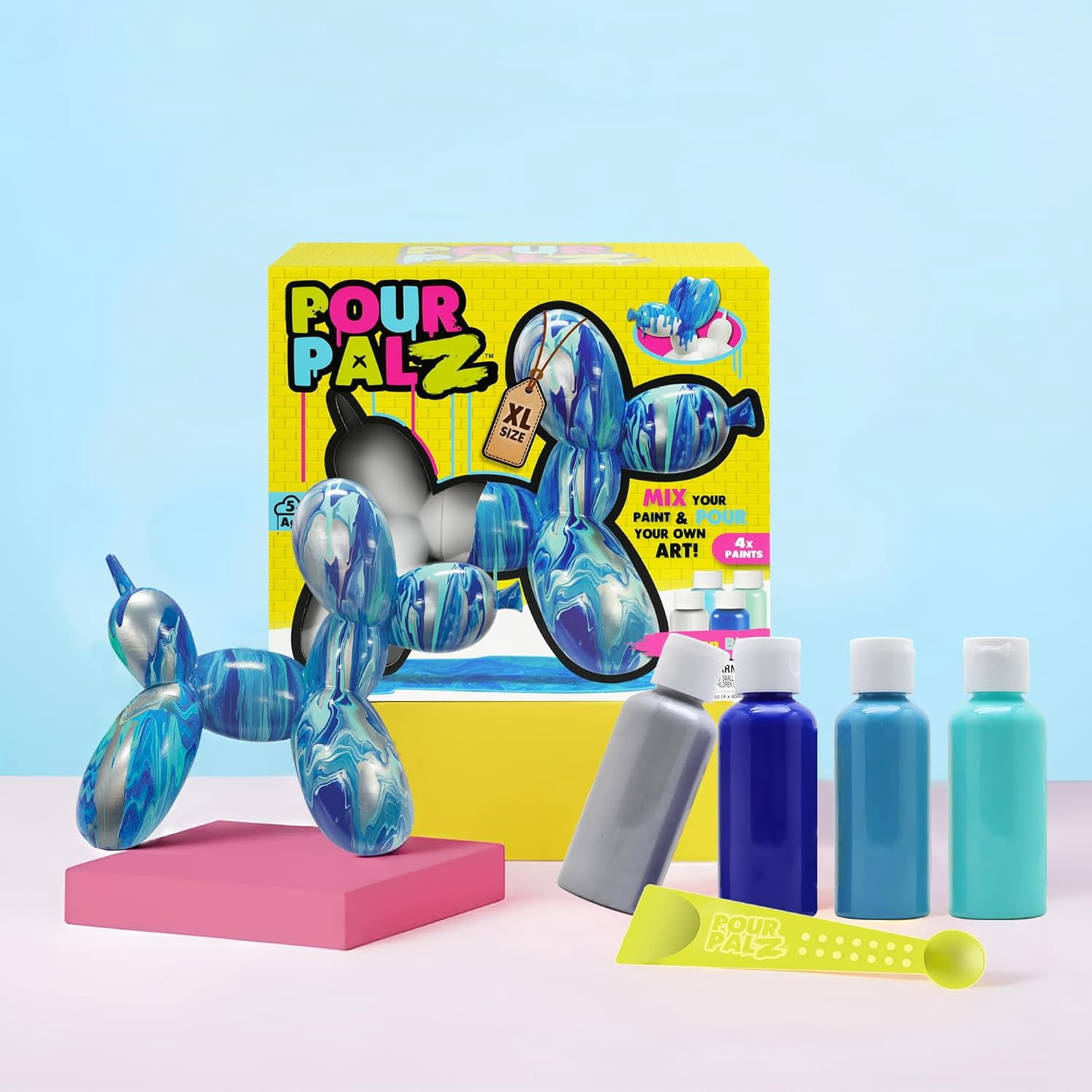 Pour Palz DIY Paint Pouring Kit – 1 XL Balloon Dog, 4 Acrylic Pour Paints, Mixing Cups & Tools, Create Unique Marbled Art, Fun Hands-On Craft Kit for Kids & Adults, Ocean Blue, Ages 5+