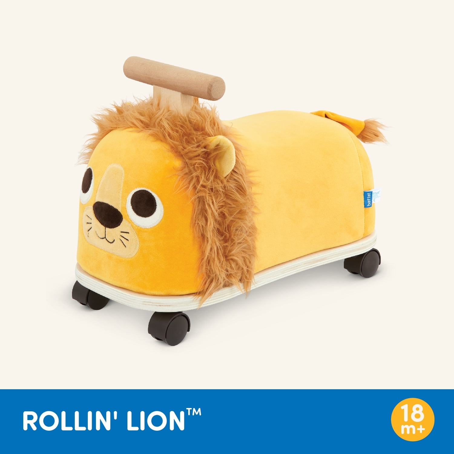 Battat Rollin' Lion Animal Ride-On Toy with Wooden Handle, Toddler and Preschool Toys