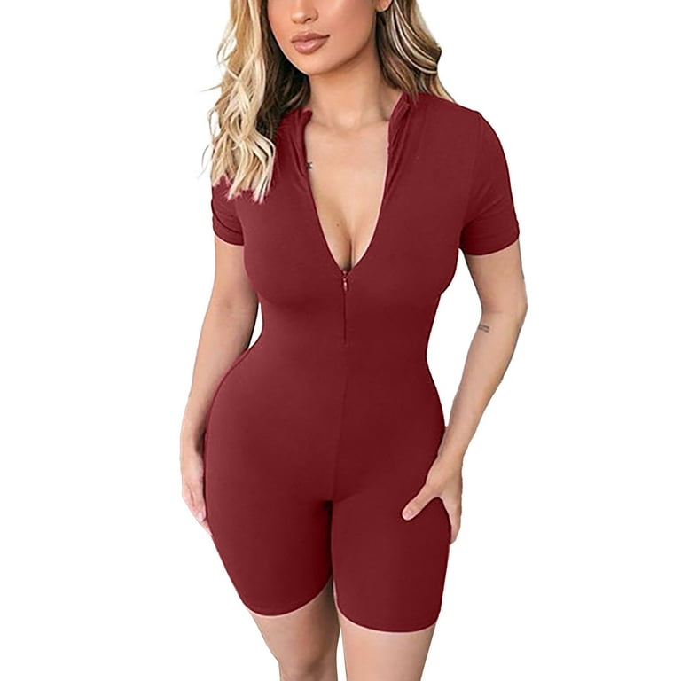 Daznico Women's Short Sleeve Jumpsuit Bodysuit Bodycon Shorts Solid Color  Stretchy Romper Jumpsuits for Women RD2 XL