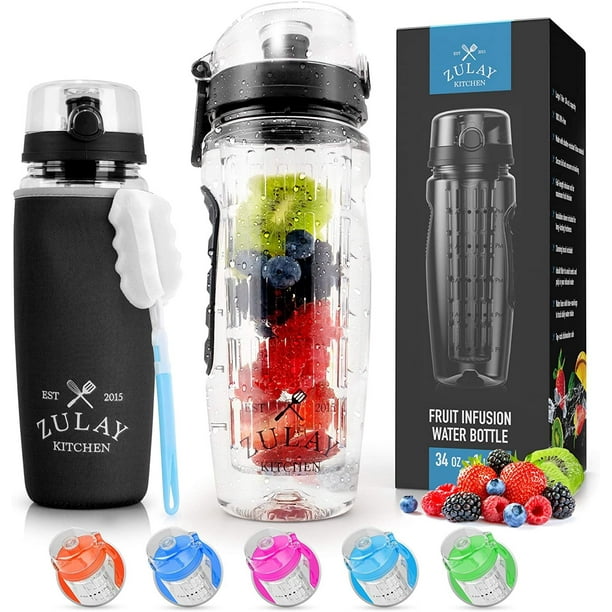 Zulay Kitchen 34oz Capacity Fruit Infuser Water Bottle With Sleeve Bpa Free Anti Slip Grip