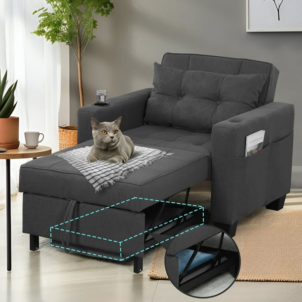 3 in 1 Convertible Sleeper Sofa Pull Out Chair Bed with Usb Port Sleeping Couch Dark Gray