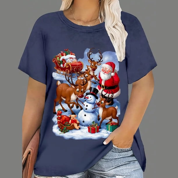 Camisetas de Navidad para mujer, Tops con estampado de dibujos animados de Papá Noel, camisetas de manga corta con cuello redondo, ropa informal de fiesta, Tops de gran tamaño para mujer
