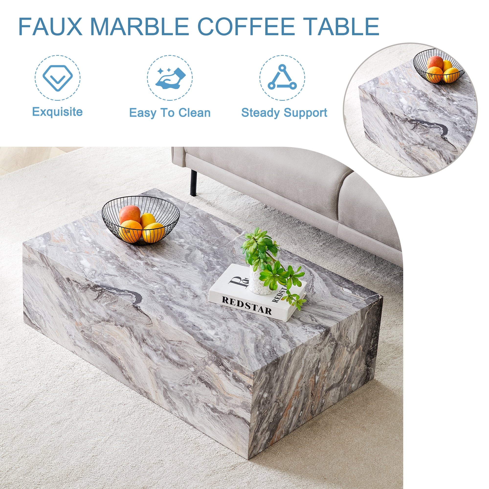 Coffee Table 39.3 Inch, Grey Stone Pattern MDF Side Table with Modern Texture Design, Accent Table for Living Room and Lounge, No Assembly Required, Gray