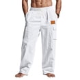 thumbnail image 2 of Mifsaly Linen Cargo Pants Men Summer Wide Leg Lightweight Summer Beach Trousers with Multi Pockets Elastic Waist Drawstring Breathable Cotton Tracksuit Bottoms M, 2 of 5