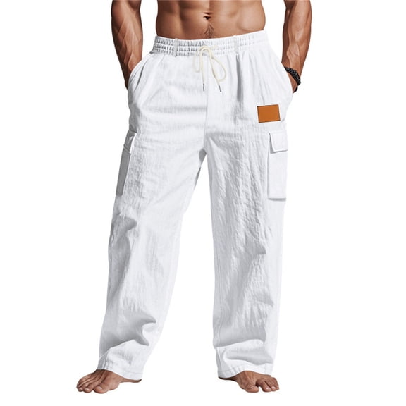 Cotton Linen Cargo Pants for Men Multi-Pockets Drawstring Elastic Waist Fishing Outdoor Trousers Fathers Gift