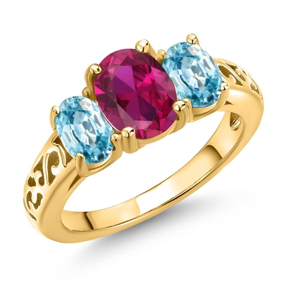 Gem Stone King 18K Yellow Gold Plated Silver Red Created Ruby and Blue Zircon Filigree Style 3 Stone Ring for Women (2.65 Cttw, Oval 8X6MM and 6X4MM) (Size 8)