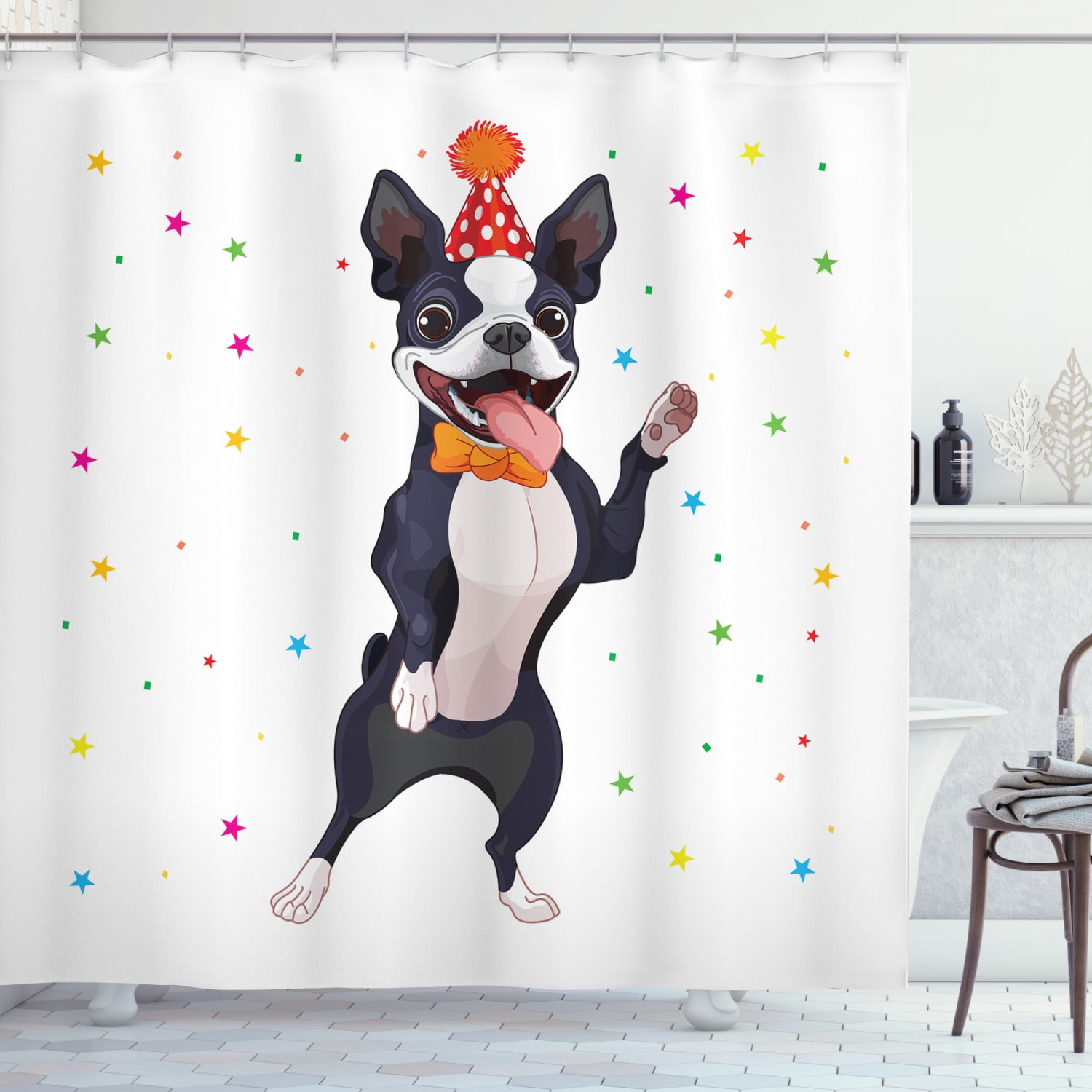 Boston Terrier Shower Curtain, Party Puppy Figure Celebrating His