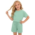 thumbnail image 4 of LIIPEE Girls Outfit Sets Casual Solid Color Loose Fit Short Sleeve Crew Neck Tee Tops Pockets Drawstring Shorts 2 Piece Set Kids Children Comfortable Breathable Cute Clothing,Green,9-10 Years, 4 of 5