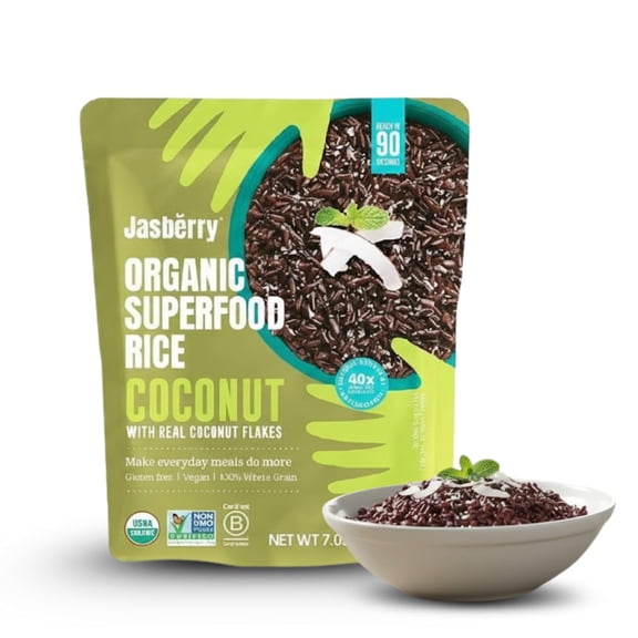 Jasberry Organic Superfood Rice Coconut 200g (Pack of 1) – Ready to Eat, High Protein, Whole Grain Rice with Real Coconut Flakes, USDA Organic, Non-GMO, Gluten-Free, Vegan