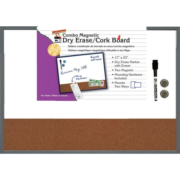 Charles Leonard, Inc. Dry Erase Magnetic Board with Cork Board, 17" x 23", with Eraser/Marker and 2 Magnets, Gray Frame, Sold as Set of 3 Each (35415-3)