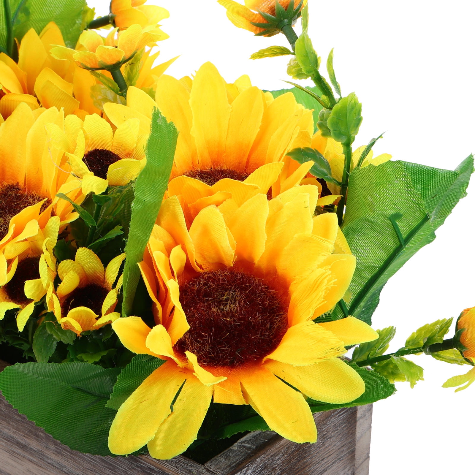 Rustic Sunflowers Potted Plant Artificial Flowers Bouquets In Rectangular Wooden Planter Summer Floral Centerpiece For Farmhouse Kitchen Country Table Decor