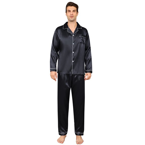 Aisomnus Men's Silk Pajama Set | Silk Satin | Long Sleeve Jacket and Pants | Button Pajama Set -3XL