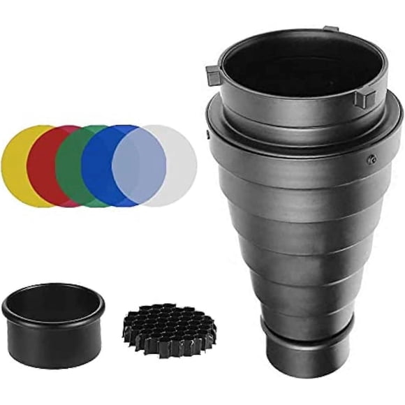 Fotoconic Metallic Conical Snoot with Honeycomb Grid & 5 pcs Color Filter Kit for Bowens Mount Studio Flash Monolight