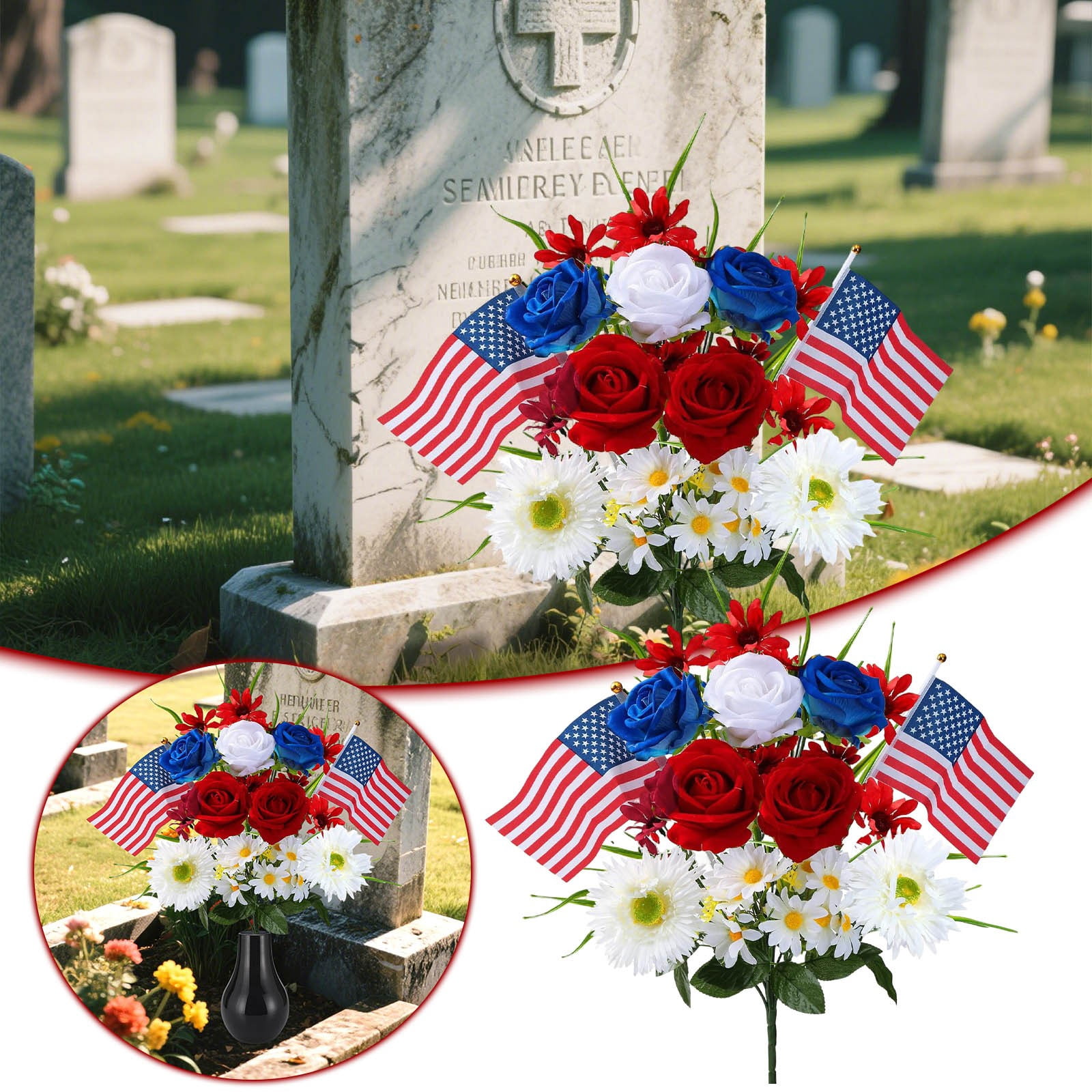 Patriotic Artificial Flowers,Mixed Bush Memorial Day Flower - Red White Blue Flowers Patriotic Memorial Bouquet - 4th of July Flowers for Home Decor,Cemetery, Silk Floral Arrangement,Table  Indoor