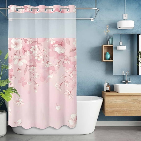 No Hook Shower Curtain with Snap in Liner, Spring Summer Pink Cherry Blossoms Waterproof Bath Curtain Double Layers with See Through Top Window, Watercolor Plants Hotel Shower Curtains 36x72in