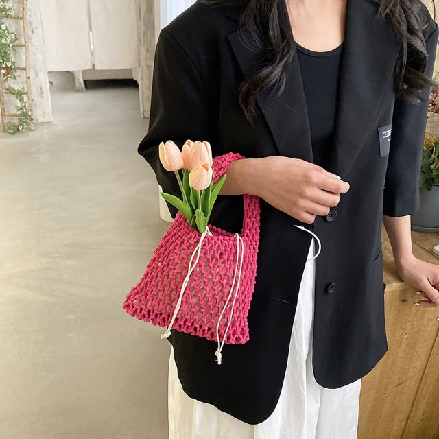 Bolso de mano para mujer, bolso de mano ahuecado de verano, bolso grande de playa tejido (rosa)