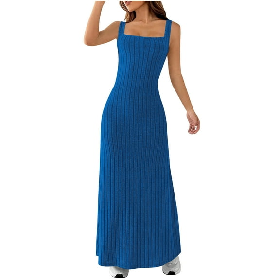 Women's 2025 Summer Bodycon Midi Dress Vacation Sleeveless Dresses Ribbed Knit Striped Party Sweater Dresses