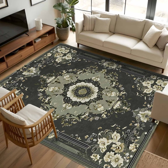 8x10 Area Rugs Sage Green Grey Boho Non-Skid Rubber Backing Large Rectangle Rugs - Living Room Bedroom Home Office, Vintage Ethnic Geometric Abstract Indoor Floor Mat Carpets Washable Rug