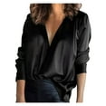 thumbnail image 2 of YEJIMAN Black Plus Size Tunic Tops, Polyester T-Shirts For Women, Women's Temperament Solid Color V-Neck Shirt Satin Silky Soft Casual Top, 2 of 9