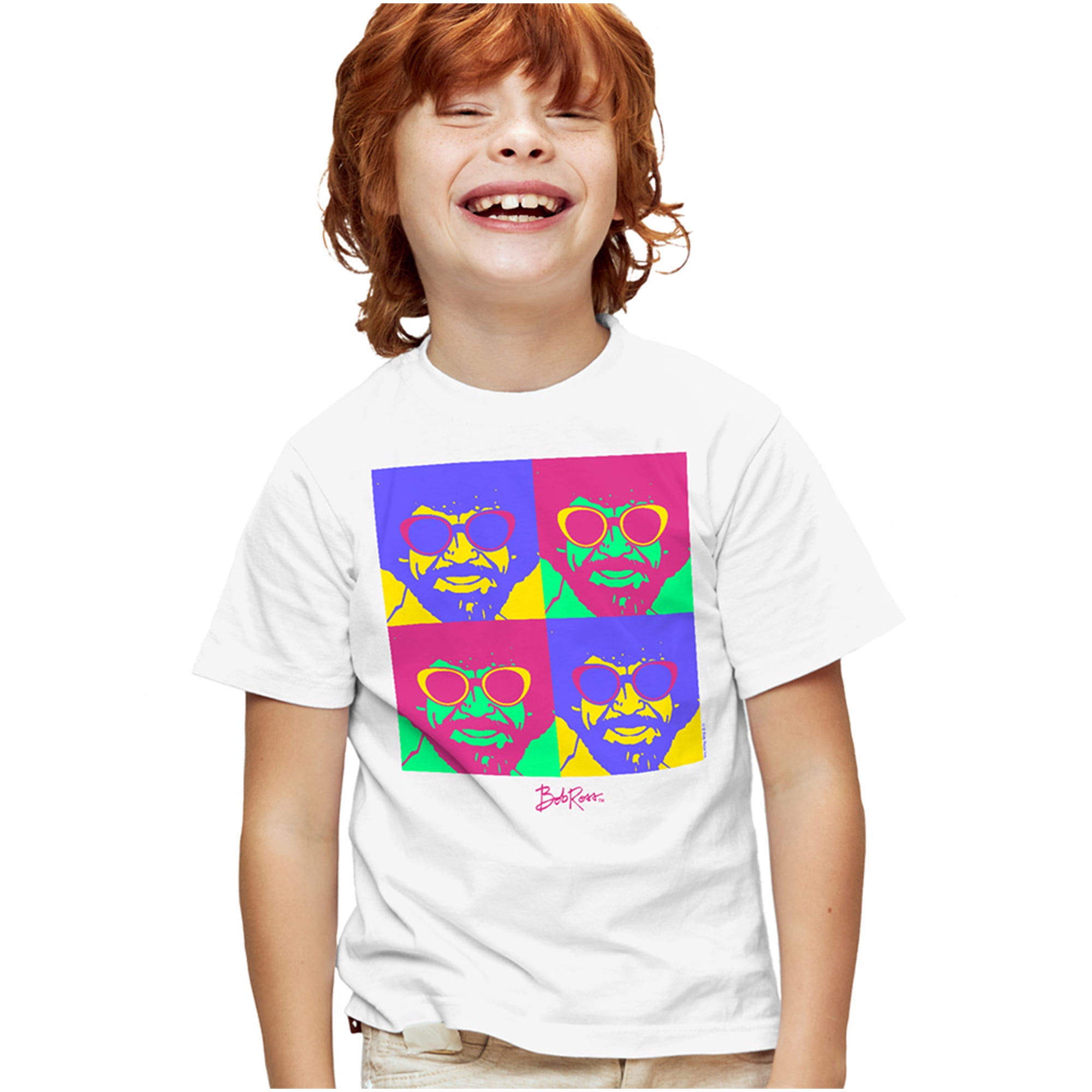 Bob Ross Bright Pop Art Kids T Shirt for Youth Boys and Girls, White, Small