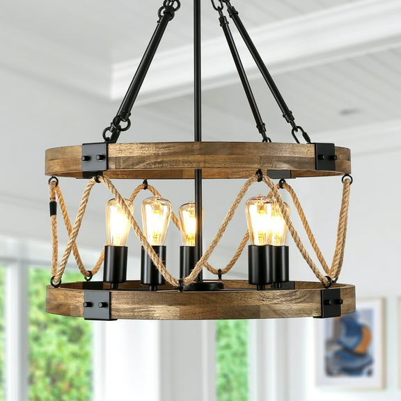 Chords Attic 20" Farmhouse Drum Wood Chandelier Adjustable Height Pendant Light Fixture for Living Room, Dining Room, Bedroom