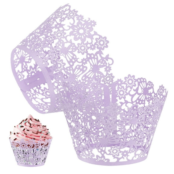 Uxcell 50-Pack Cupcake Wrappers, Pearlescent Art paper, Floral Lace Hollow Out Cupcake Liners for Wedding/Birthday Party Decoration[Light Purple]