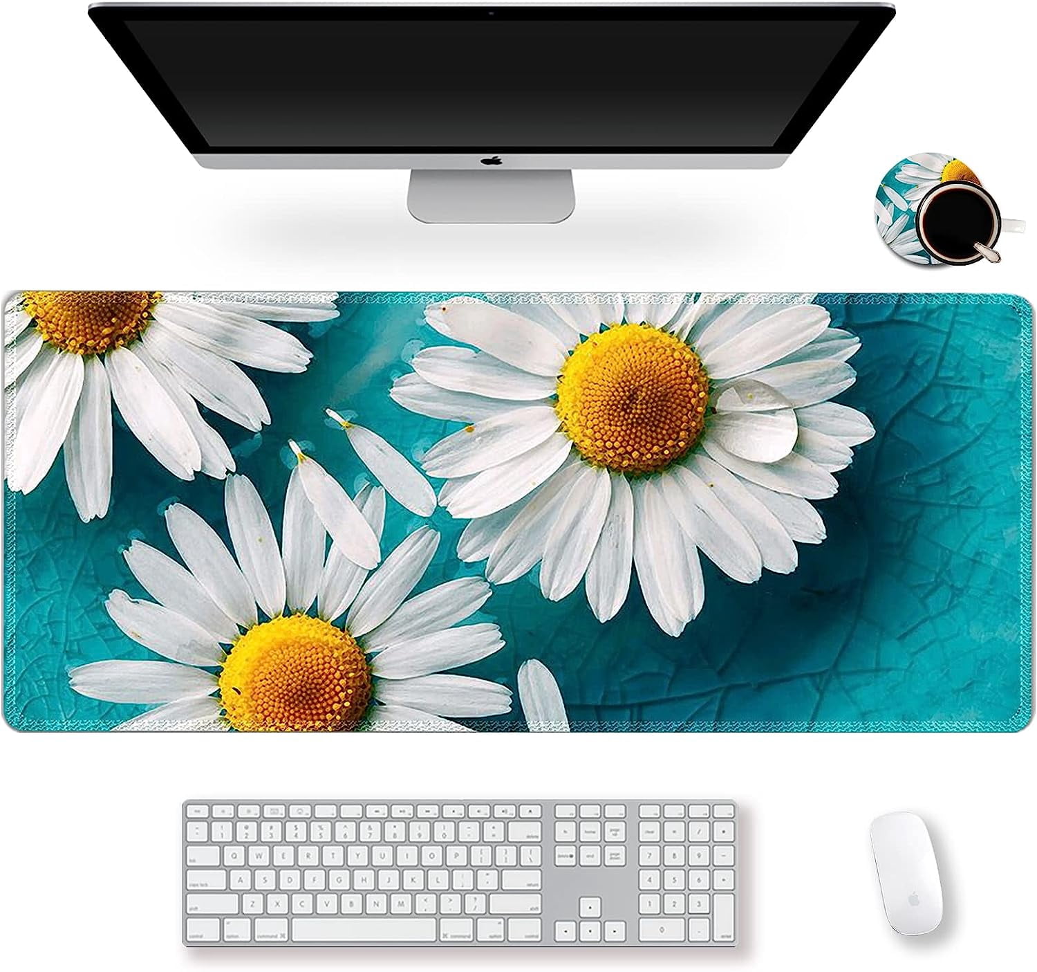 Large Gaming Mouse Pad Extended Desk Pad XL Keyboard Mat Long Mousepad Decor Writing Pad 31.5x11.8inch Non Slip Rubber Base with Stitched Edges for Work, Game -Cute Daisy
