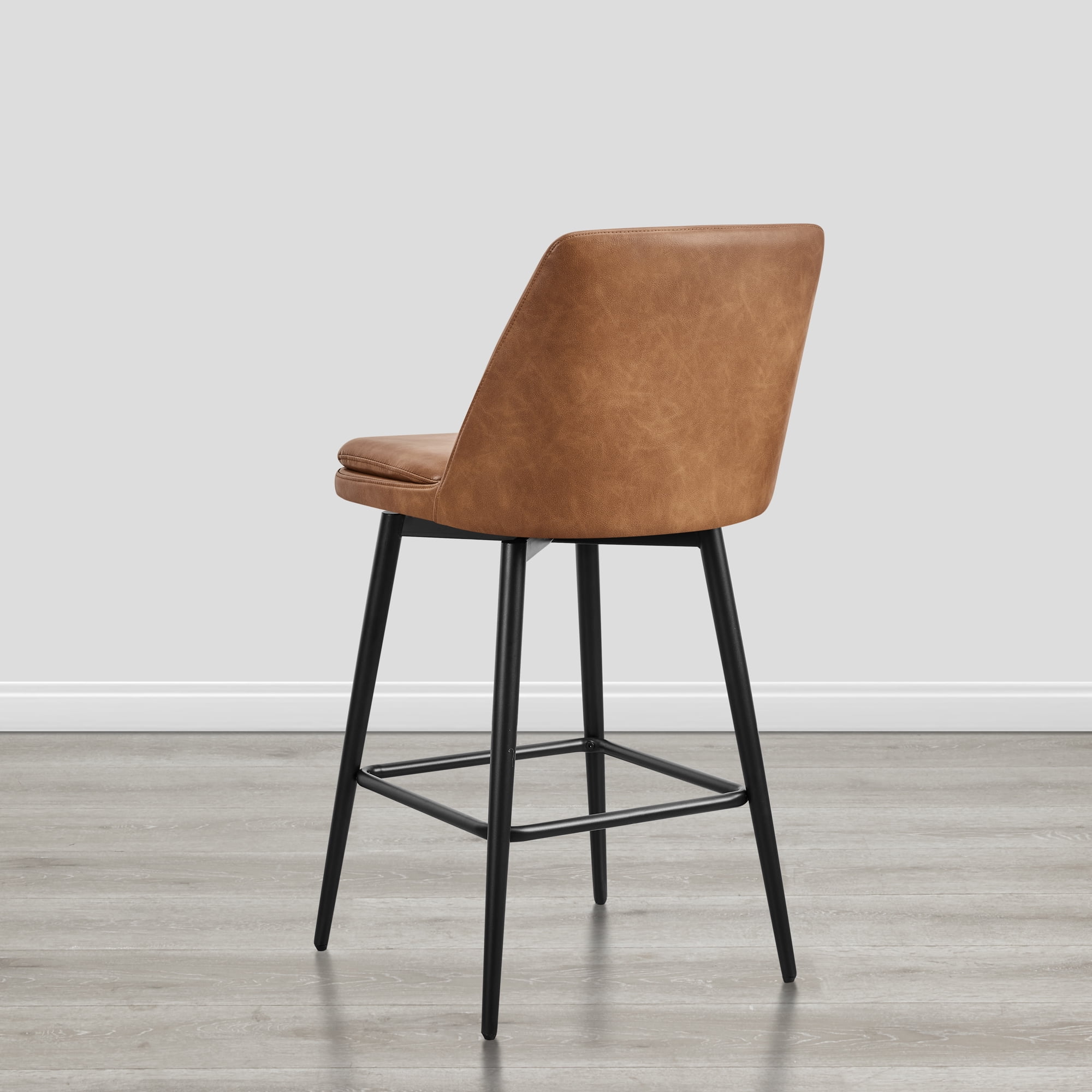 Spruce & Spring Counter Height Swivel Barstool with Curved Back and Metal Legs Set of 2, Cognac Faux Leather
