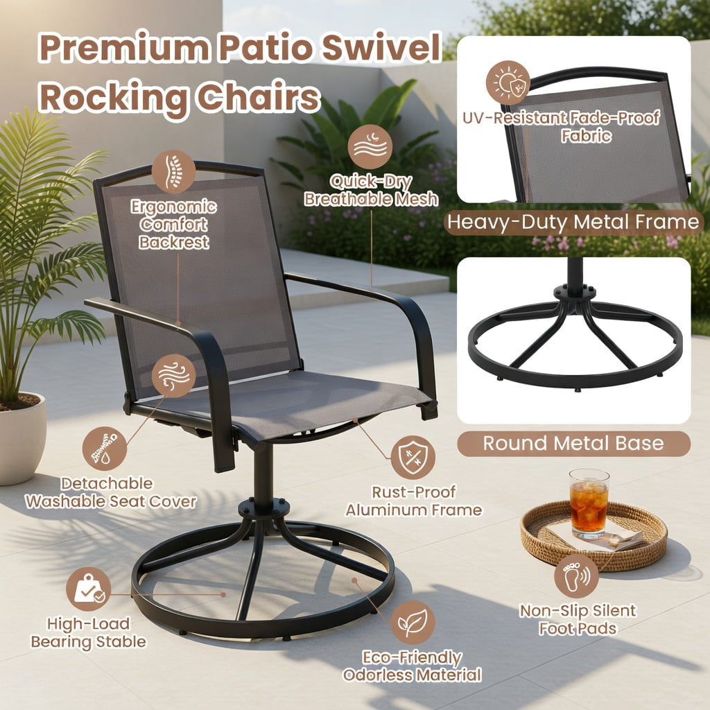 Hommoo 2-Piece Outdoor Swivel Chair Set, High-Back, Breathable Mesh Seat, 360° Rotating & Gentle Rocking, Metal Patio Chairs for Deck, Porch & Garden, Gray