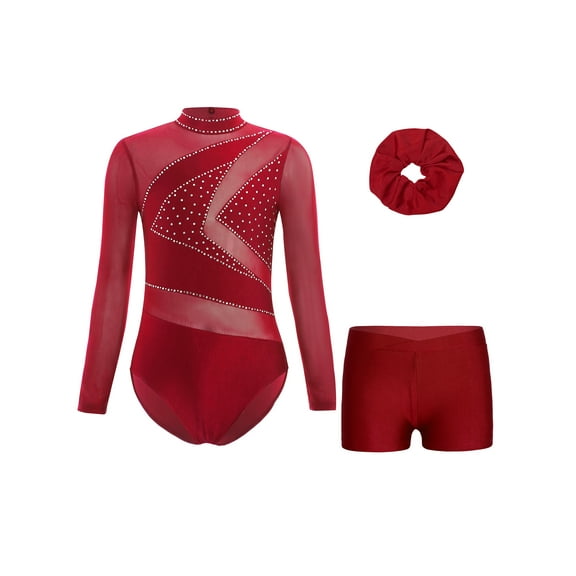 iiniim Girls Gymnastics Leotard with Shorts and Hairband Long Sleeve Ballet Tumbling Dance Unitard Burgundy 16