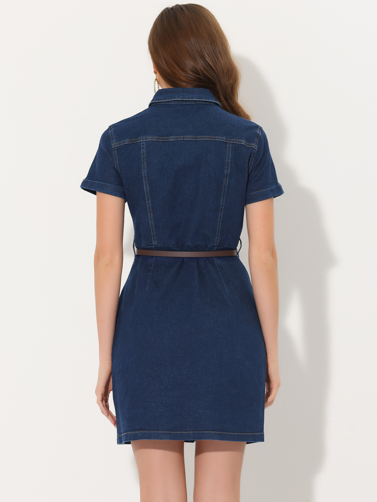 DARING DIVA Casual Collared Short Sleeve Denim Shirt Dress XS Blue XS Dark Blue