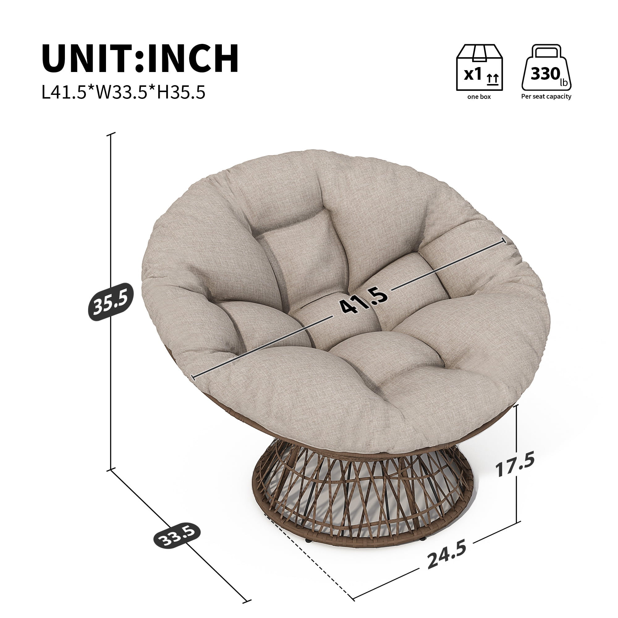 Swivel Papasan Chair, Wicker Chair, Ergonomic Chair with 360 Degree Rotation, Adjustable Feet and Ultra-Thick Waterproof Cushion for Living Room Bedroom, 41.5 Inch, Brown Cushion
