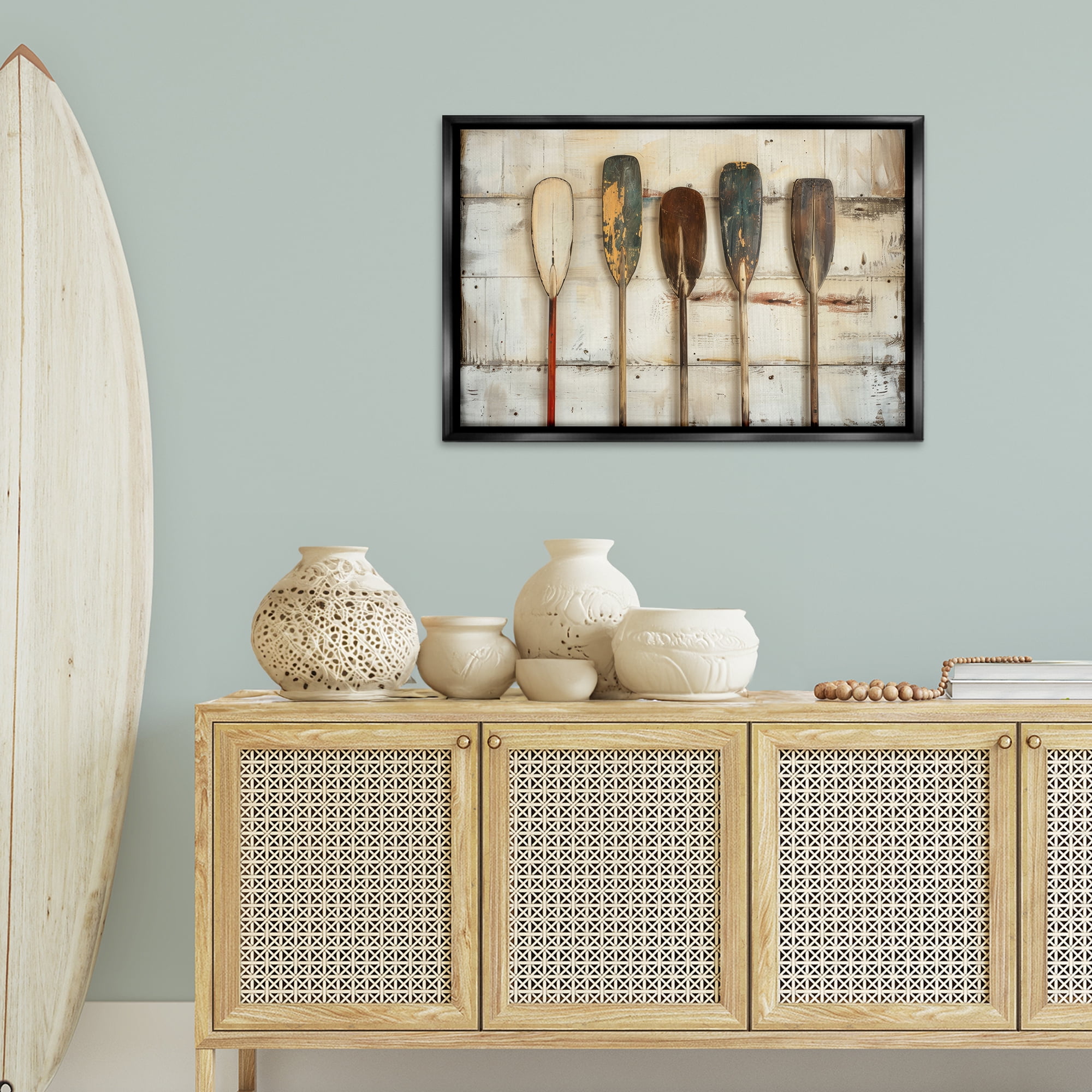 Stupell Industries Rustic Oar Lineup Nautical & Beach Painting Black Floater Framed Canvas Art Print Wall Art, 31 x 21