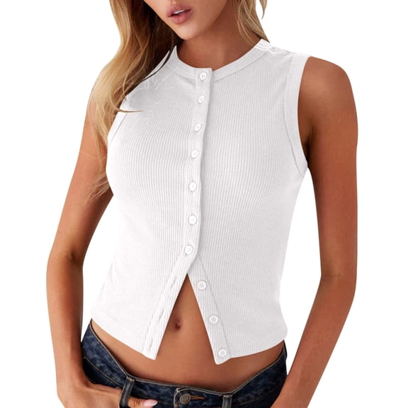 Women’s Button up Sleeveless Tank Tops - Casual Ribbed Knit Solid Color Crew Neck Slim Fitted Summer Tanks