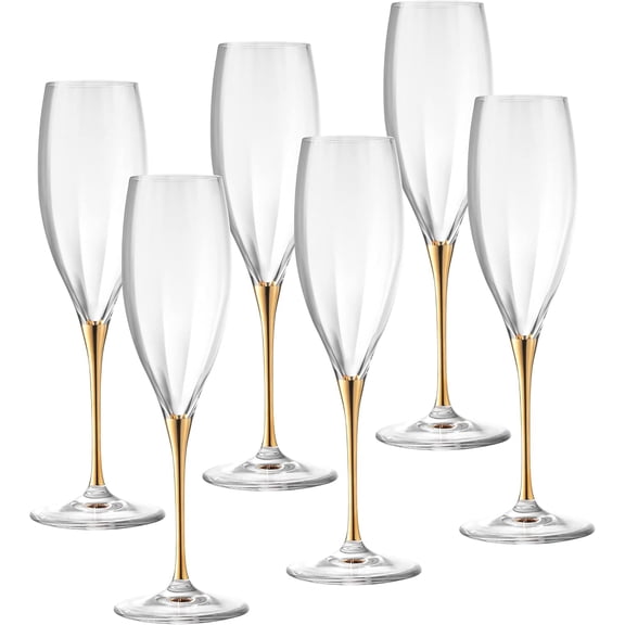 Barski Toasting Flute Glass - Champagne - Flutes - Set of 6 Crystal Glasses - Wedding Toasting Flutes - Gold Stem - 11 oz Made in Europe