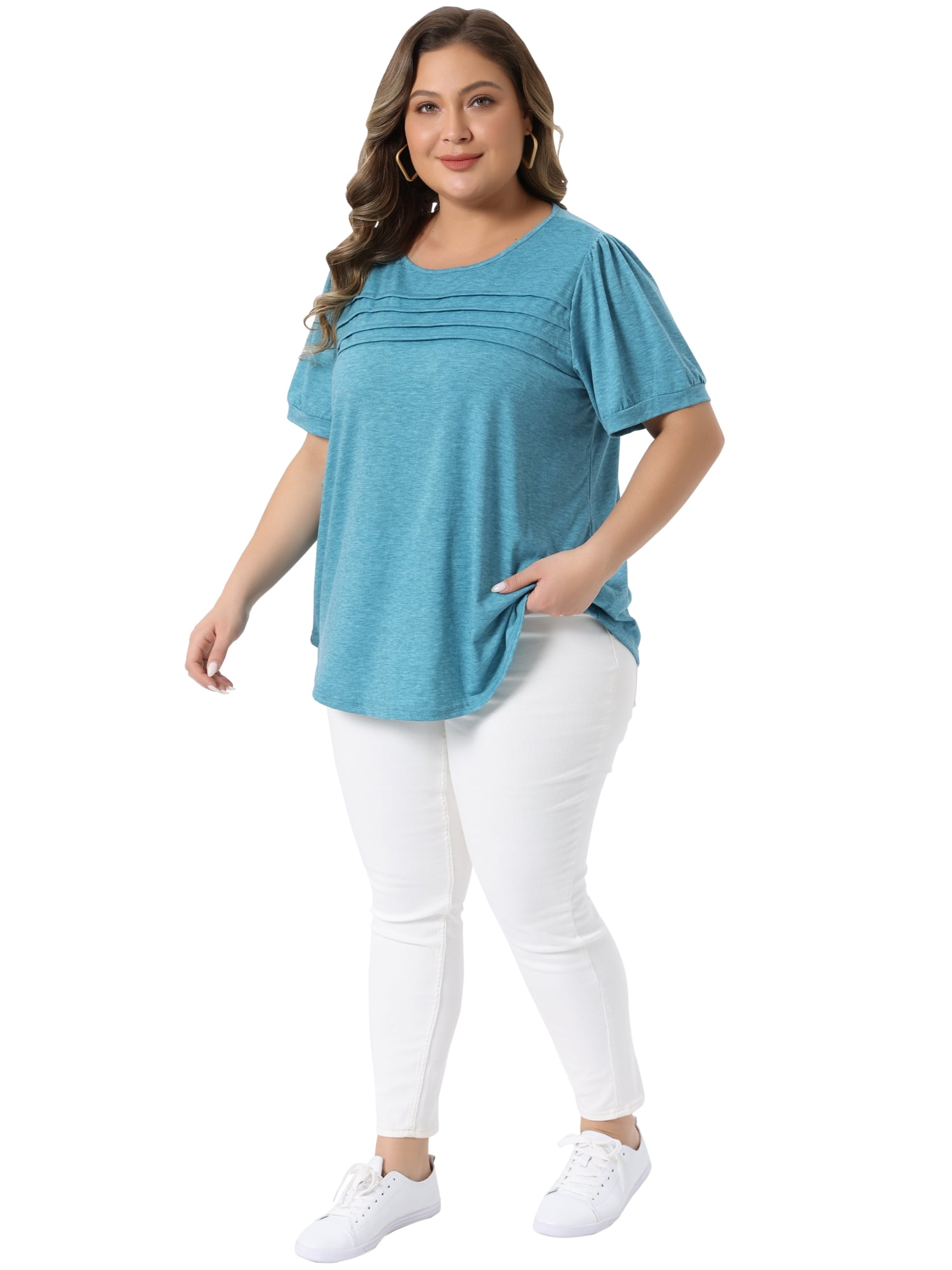 Women's Plus Short Sleeve Crew Neck Pleated Casual Tunic Blouse 4X Lake Blue