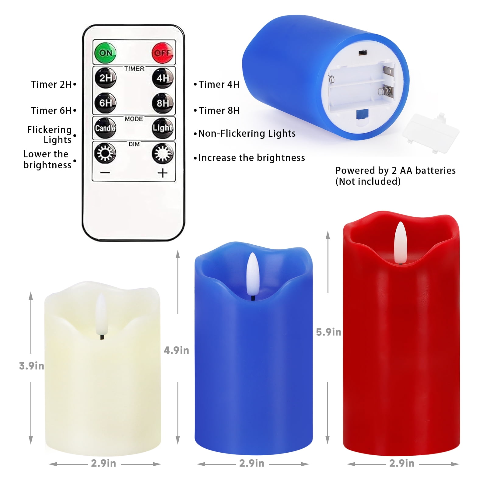 4th of July Flameless Candles, Set of 3 Patriotic LED Candles with Remote & Timer, Flickering Electric Pillar Candles Battery Operated, Red White Blue Candles for Home Independence Day Decor