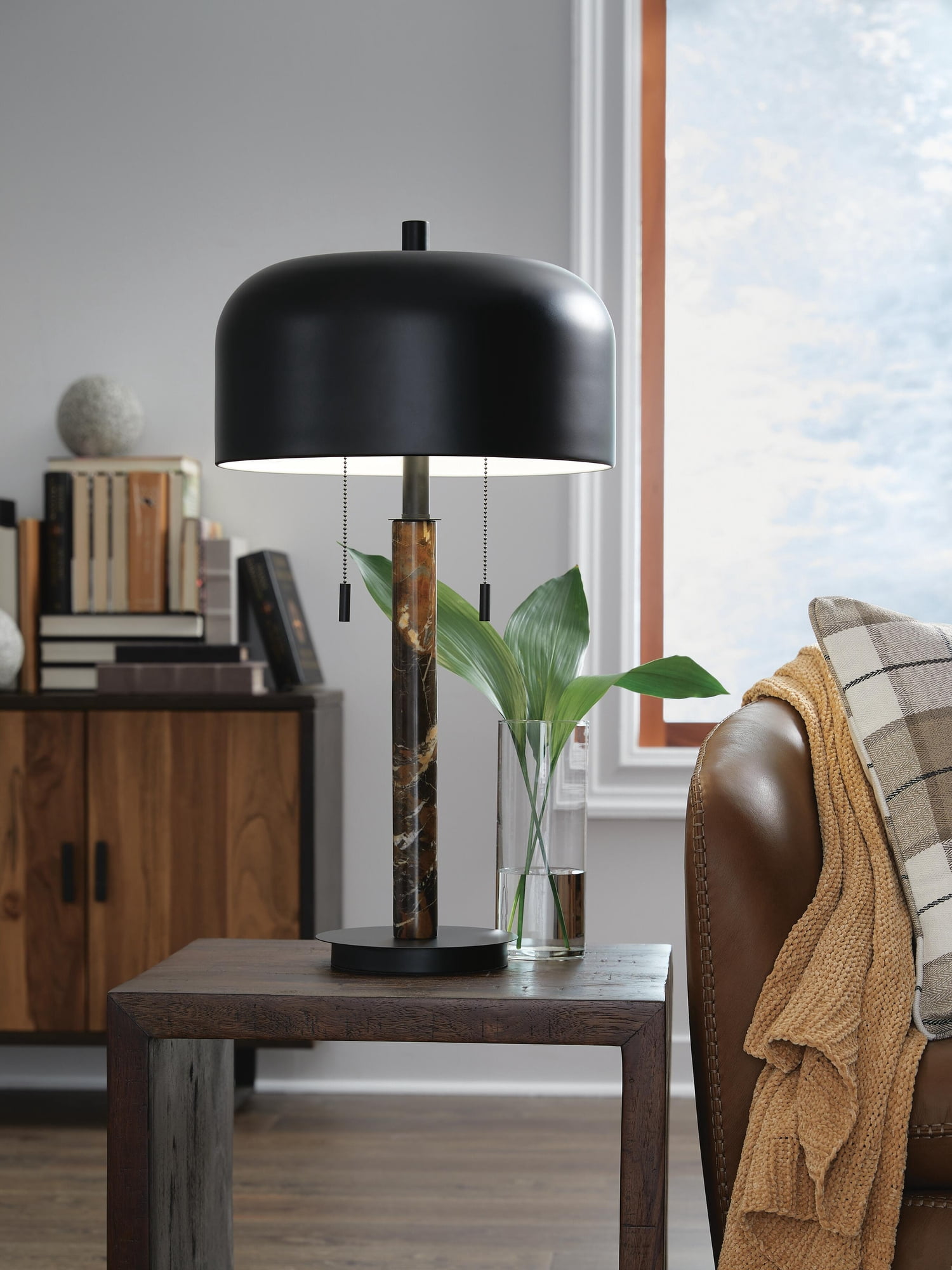 Signature Design by Ashley Alanbert Metal Table Lamp, Brown Marble & Black Metal, Dome Shade, 22" Tall