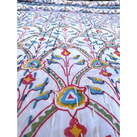 Block Print Kantha Quilt With Colorful Bird Floral, Handmade Cotton Indian Bedspread, Hand-Stitched Boho Throw for Cozy Homes