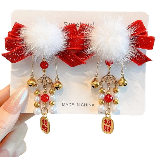 Accessoires Cheveux Rouges Nouvel An 2026 Nouveau Style Pince à Nœud Mignonne Épingle à Cheveux en Peluche Ornement Cheveux Paire