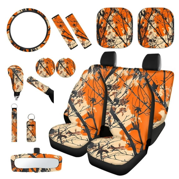 Garronmavis Orange Hunting Camo Forest Car Seat Cover Full Set 16 Pieces Belt Pads Cover Keychain Gear Shifting Knob Cup Mats Windshield Sun Shade