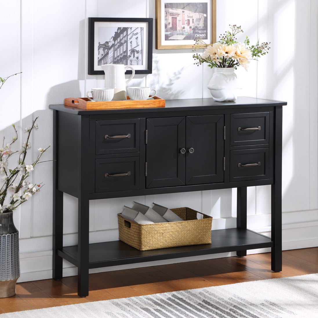 Details about   Modern Console Table Sofa with 4 Drawer Open Shelves cabinets Sofa Side Table 