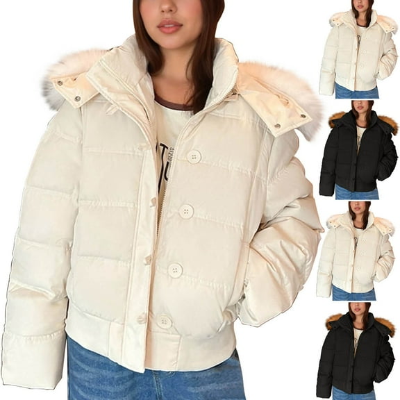 CFLVAEK Puffer Jackets for Women with Faux Fur Hood Thicked Winter Warm Coats Casual Solid Full Zip Up Cropped Quilted Jacket with Pockets Navy XXL