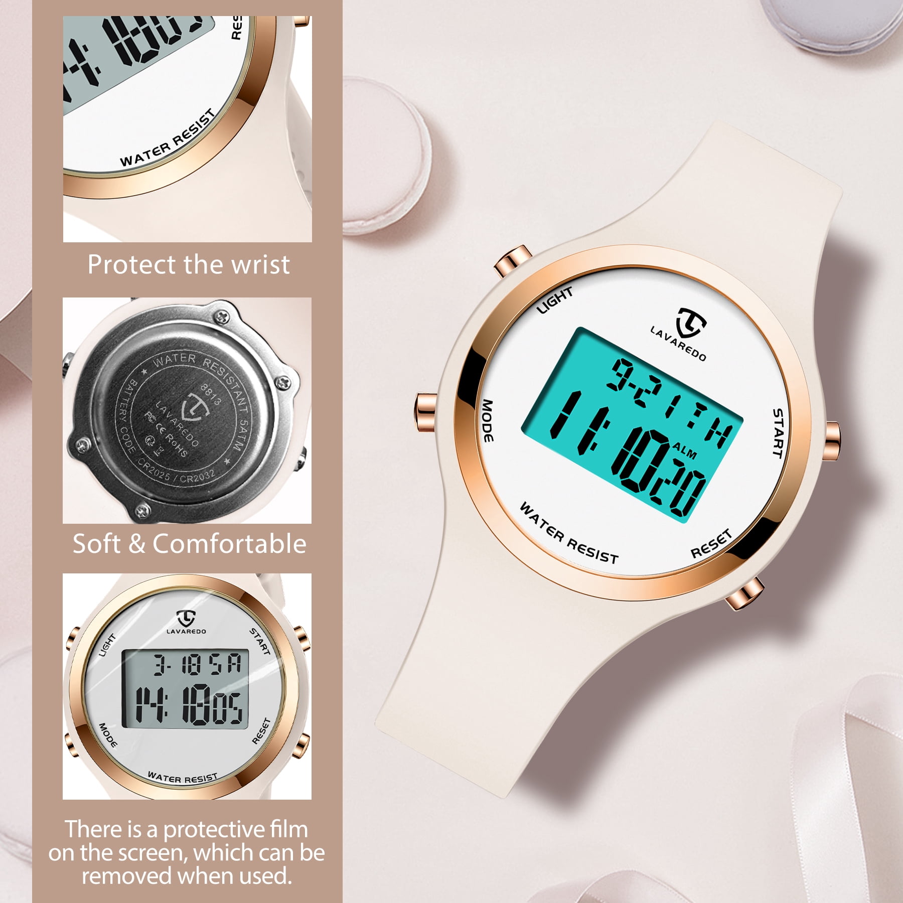 Womens Off White Quartz Chronograph Waterproof Outdoor Sport Alarm Digital Watch Casio LA20WHS-7A, Women main image 2