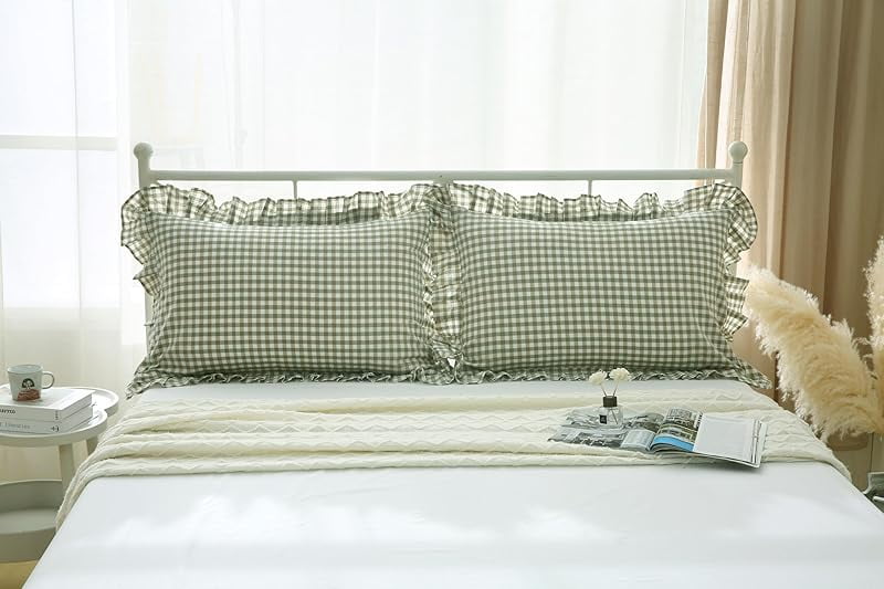 2 Pack Sage Green White Plaid Ruffles Pillow Shams Checkered Pillowcases Gingham Queen Size Pillow Cases Washed Cotton Farmhouse Cottage Pillow Covers for Bed/Sofa(20X30inches,Sage Green/White Plaid)