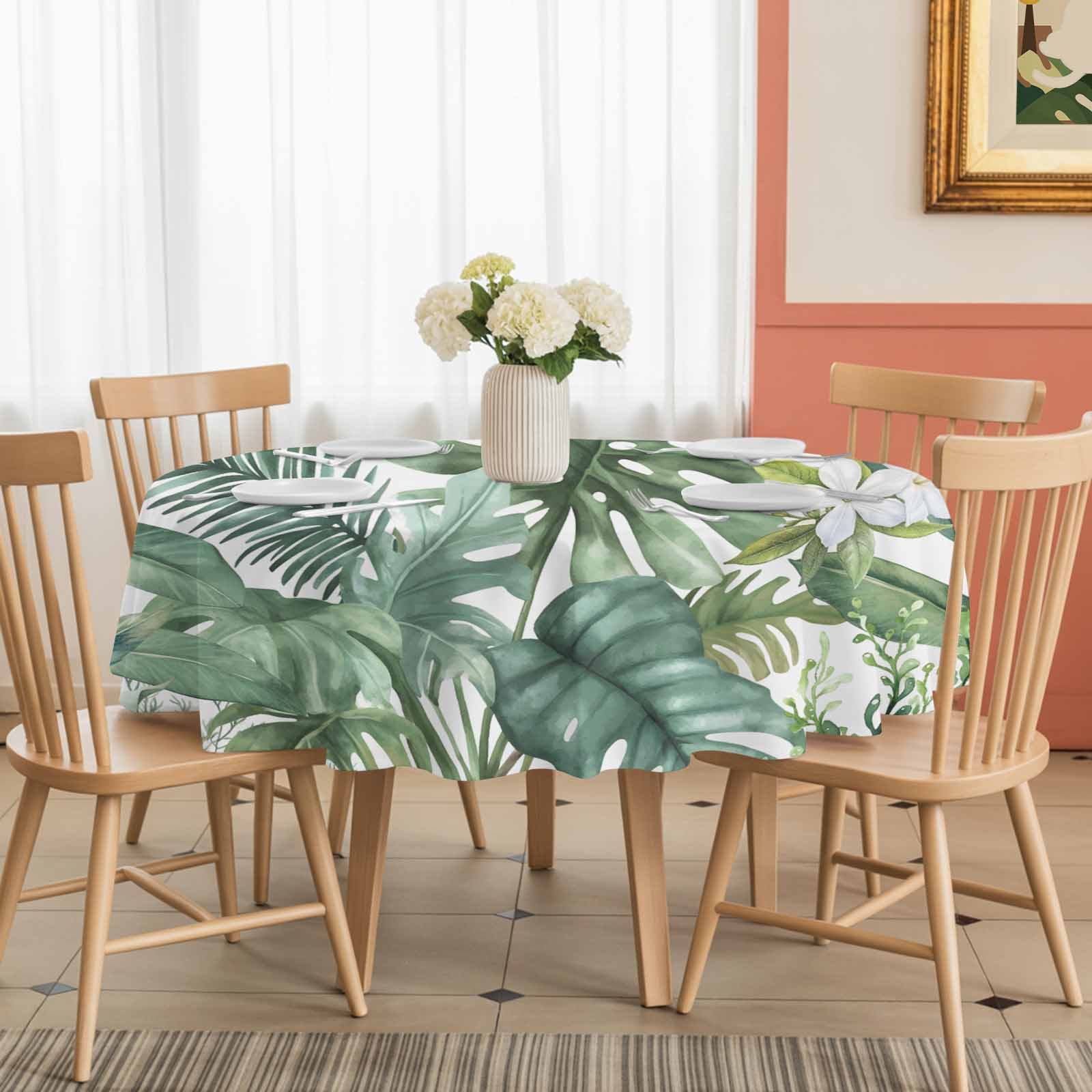 Round Tablecloth Tropical Botanical Waterproof Oil Proof Polyester Table Cloth Cover Decor for Home Dining Outdoor,Patio,Parties, 60" Dia. Palm Banana Leaf Toucan Green