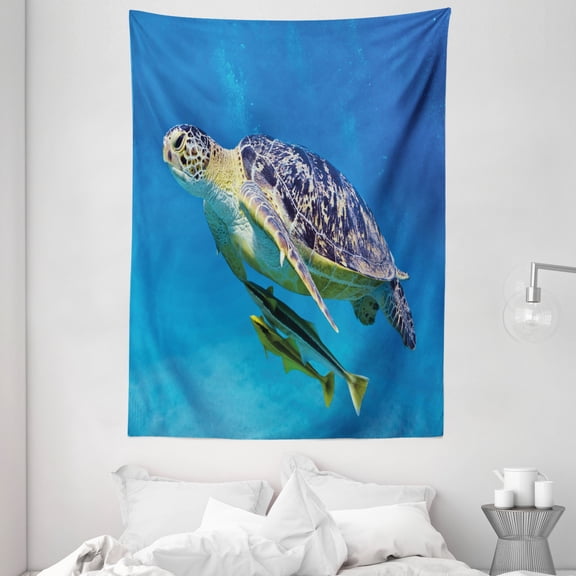 Turtle Tapestry, Cute Angry Looking Sea Turtle Swimming with Remora Fishes Fauna Under the Sea, Wall Hanging for Bedroom Living Room Dorm Decor, 60W X 80L Inches, Blue Yellow Brown, by Ambesonne