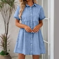 thumbnail image 7 of Women's Denim Mini Dress Casual Short Sleeve Lapel Button Dress High Waisted A-Line Short Dresses, 7 of 7