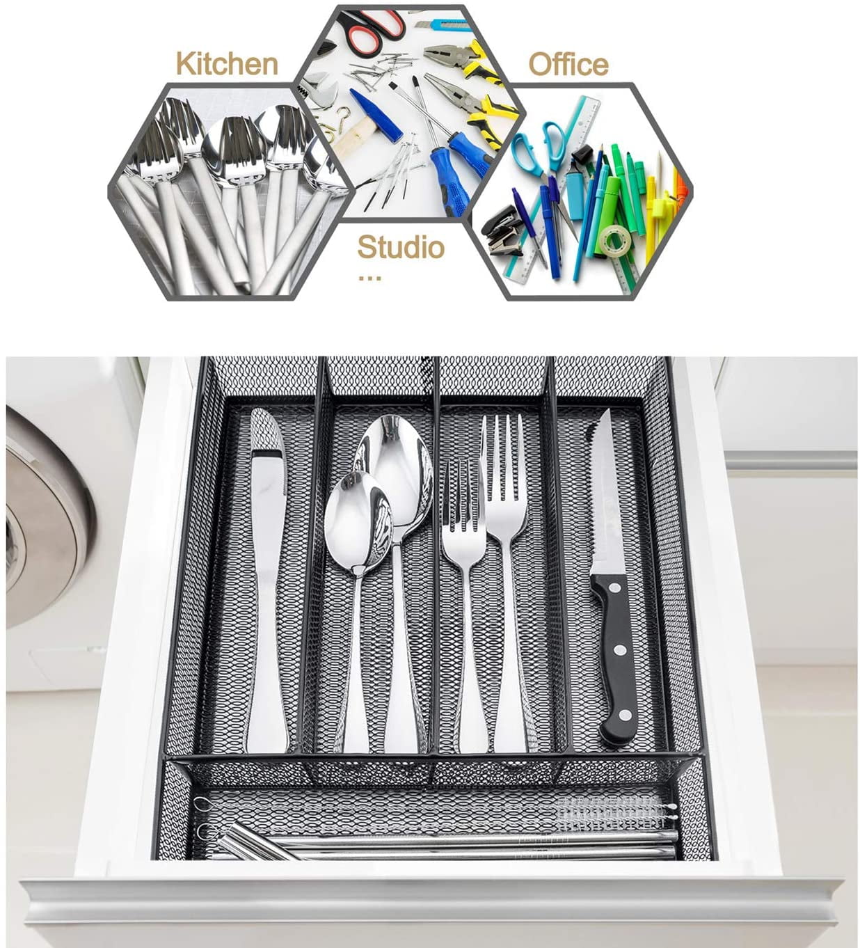 Kitchen drawer organizer, stainless steel utensil separator, with anti-slip foam feet stainless steel knife storage tray, 5 compartments, 12.5 x 9.2 inches, black